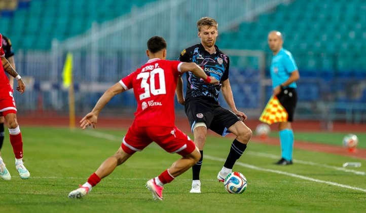 UEFA Europa League First Qualifying Round First Leg, Vasil Levski National Stadium, Sofia, Bulgaria 9 7 2026 CSKA Sofia vs Derry City Derry™s Rob Slevin with Petko Panayotov of CSKA Sofia Rob Slevin with Petko Panayotov 9 7 2026  Copyright: xx _63A1567