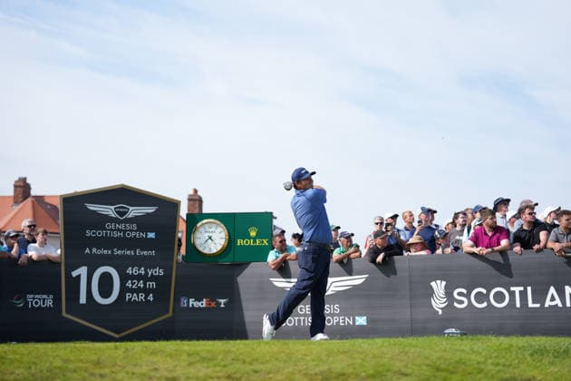 9th July 2026; The Renaissance Club, North Berwick, East Lothian, Scotland: Genesis Scottish Open Golf, Day One; Patrick Reed plays his tee shot on the 10th hole AlecxBrown