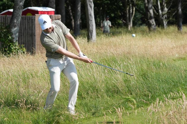 9th July 2026; The Renaissance Club, North Berwick, East Lothian, Scotland: Genesis Scottish Open Golf, Day One; Richard Mansell chips out of the rough onto the green at the 16th hole AlecxBrown
