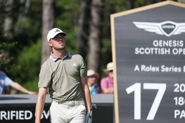 9th July 2026; The Renaissance Club, North Berwick, East Lothian, Scotland: Genesis Scottish Open Golf, Day One; Richard Mansell watches his tee shot on the 17th hole AlecxBrown