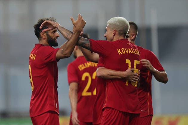 Mikhail Kovalenko (right) of Pyunik reacts in celebration with team mate Artak Dashyan after scoring the 0-1 goal from a penalty during the UEFA Conference League First Qualifying Round, 1st Leg match between Marsaxlokk and Pyunik at Centenary Stadium, Ta Qali, Malta on 09 July, 2026. Marsaxkokk v Pyunik - UEFA Conference League First Qualifying Round 1st Leg