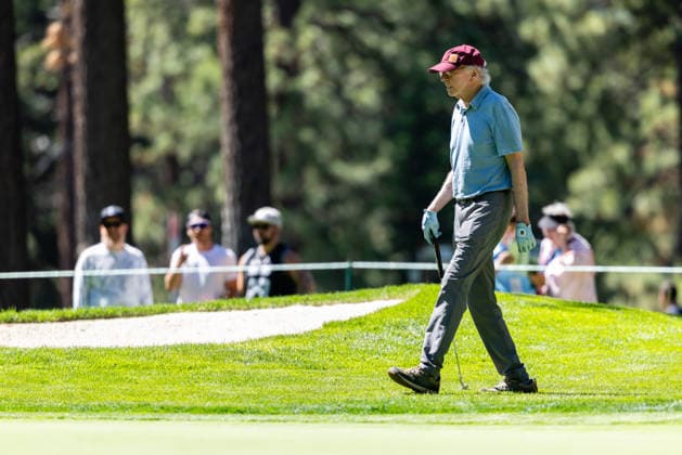 STATELINE, NV - JULY 09: Larry David walks on the seventh green during the preview round of the American Century Championship on July 9, 2026 at Edgewood Tahoe Golf Course in Stateline, NV. (Photo by Matthew Huang Icon Sportswire) GOLF: JUL 09 American Century Championship EDITORIAL USE ONLY Icon260709058