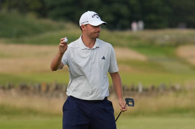 Rasmus Hojgaard of Denmark reacts after missing a birdie putt to become clubhouse leader on to the 18th green. Hojgaard joins Kim, Wiesberger, Cantlay & McIlroy as joint clubhouse leaders at 5 under par after 18 holes. Genesis Scottish Open, Golf, The Renaissance Club, North Berwick, Scotland, UK - 09 Jul 2026North Berwick The Renaissance Club Scotland United Kingdom  Copyright: xShutterstockx 16984080eb