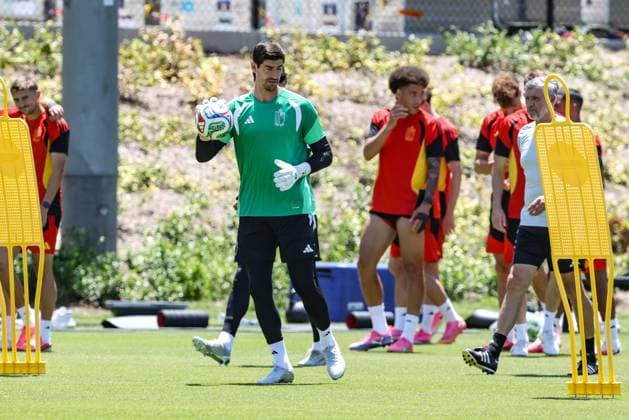 Belgium s goalkeeper Thibaut Courtois pictured during a training session of Belgian national soccer team Red Devils, on Thursday 09 July 2026 in Carson, Los Angeles County, California, USA. The Rode Duivels - Diables Rouges qualified for the knockout stage of the 2026 FIFA World Cup, WM, Weltmeisterschaft, Fussball where they ll meet Spain in the round of 8 on July 10th. BRUNOxFAHY  x180799580x
