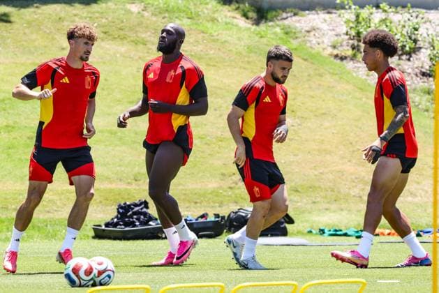 Belgium s Thomas Meunier, Belgium s Romelu Lukaku, Belgium s Nicolas Raskin and Belgium s Axel Witsel pictured during a training session of Belgian national soccer team Red Devils, on Thursday 09 July 2026 in Carson, Los Angeles County, California, USA. The Rode Duivels - Diables Rouges qualified for the knockout stage of the 2026 FIFA World Cup, WM, Weltmeisterschaft, Fussball where they ll meet Spain in the round of 8 on July 10th. BRUNOxFAHY  x180799976x