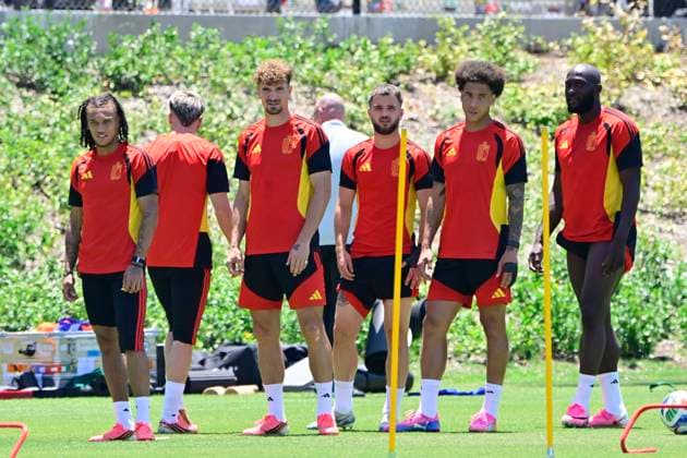 Belgian national football team - FIFA World Cup, WM, Weltmeisterschaft, Fussball 2026 - media activities 09 07 2026 LOS ANGELES, UNITED STATES OF AMERICA - JULY 09 : Moreira Da Silva Diego defender of Belgium, Meunier Thomas defender of Belgium, Raskin Nicolas midfielder of Belgium, Witsel Axel midfielder of Belgium and Lukaku Romelu forward of Belgium pictured during a training session ahead of the FIFA World Cup 2026 quarter final match between Spain and Belgium on July 9, 2026 in Los Angeles, United States of America, 09 07 2026 Los Angeles United States of America  Copyright: xJanxDexMeuleneirx