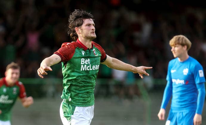 UEFA Europa Conference League First Qualifying Round First Leg, The Oval, Belfast 9 7 2026 Glentoran vs RFS Glentoran™s Zeno Rossi celebrates after scoring to make it 1-0 Zeno Rossi celebrates after scoring to make it 1-0 9 7 2026  Copyright: xx 090726JP3football010