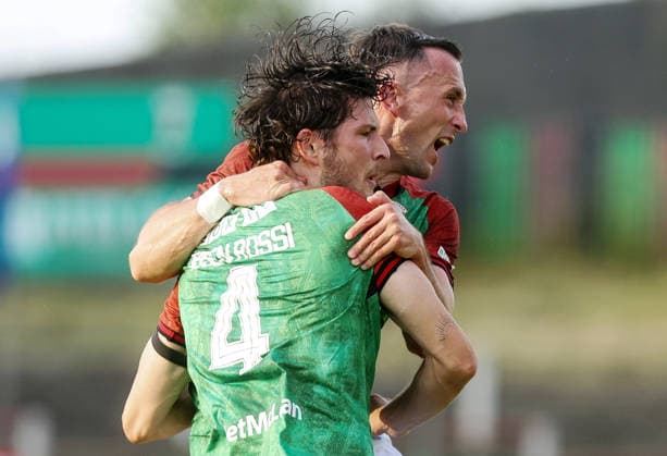UEFA Europa Conference League First Qualifying Round First Leg, The Oval, Belfast 9 7 2026 Glentoran vs RFS Glentoran™s Zeno Rossi celebrates with Aaron McEneff after scoring to make it 1-0 Zeno Rossi celebrates with Aaron McEneff after scoring to make it 1-0 9 7 2026  Copyright: xx 090726JP3football015