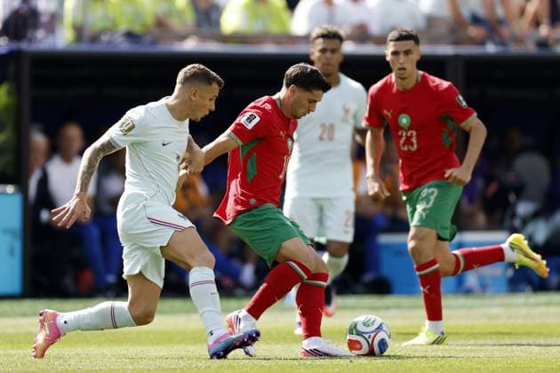 FOXBOROUGH - (LR) Lucas Digne of France, Brahim Diaz of Morocco during the 2026 FIFA World Cup, WM, Weltmeisterschaft, Fussball quarter-final match between France and Morocco at Boston Stadium on July 9, 2026, in Foxborough, Massachusetts, United States. MAURICE VAN STEEN ANP FIFA World Cup 2026 - quarter final 2026 xVIxANPxSportx xMauricexvanxSteenxIVx 563227004 originalFilename: 563227004.jpg