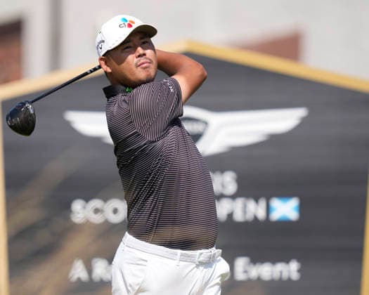 NORTH BERWICK, SCOTLAND - JULY 9: Si Woo Kim plays from the eighth tee during Round 1 of the Genesis Scottish Open at the Renaissance Club, North Berwick on July 9, 2026 in North Berwick, Scotland Genesis Scottish Open Round 1