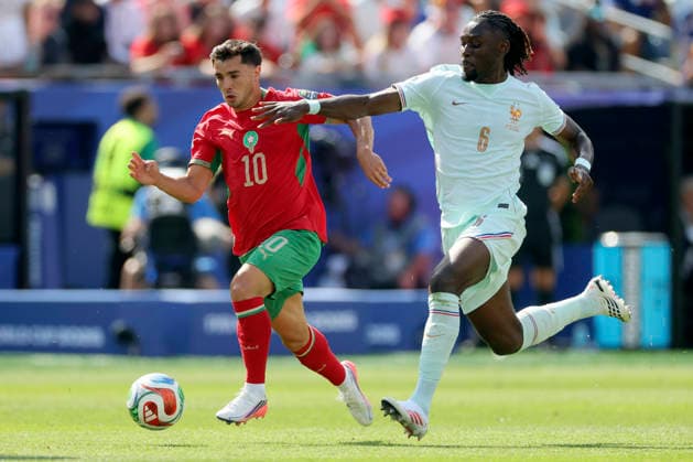 France v Morocco: Quarter Final - FIFA World Cup, WM, Weltmeisterschaft, Fussball 2026 Brahim Diaz of Morocco and Manu Kone of France challenge during the FIFA World Cup 2026 Quarter Final match between France and Morocco at Boston Stadium on July 9, 2026 in Foxborough, United States. Foxborough Boston Stadium MA United States Copyright: xAllstarxPicturexLibraryxLtdx
