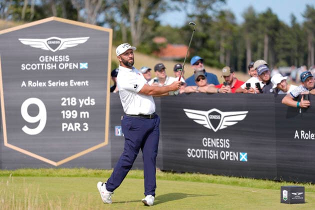 NORTH BERWICK, SCOTLAND - JULY 9: Jon Rahm plays from the ninth tee during Round 1 of the Genesis Scottish Open at the Renaissance Club, North Berwick on July 9, 2026 in North Berwick, Scotland Genesis Scottish Open Round 1