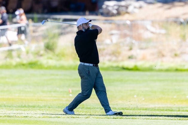STATELINE, NV - JULY 09: Jason Kelce hits a shot on the 18th hole during the preview round of the American Century Championship on July 9, 2026 at Edgewood Tahoe Golf Course in Stateline, NV. (Photo by Matthew Huang Icon Sportswire) GOLF: JUL 09 American Century Championship EDITORIAL USE ONLY Icon260709059
