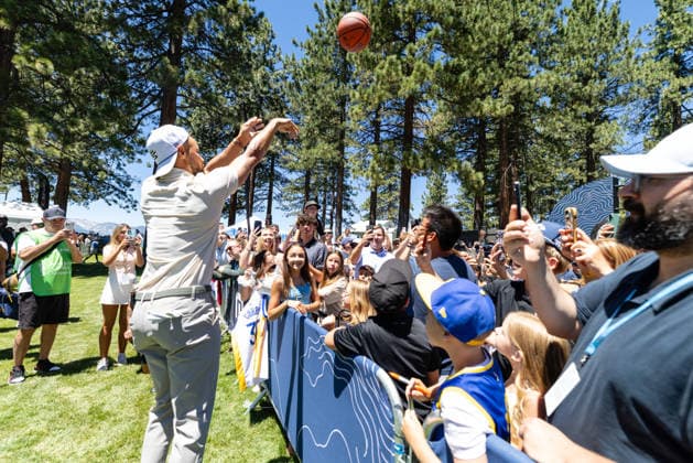 STATELINE, NV - JULY 09: Stephen Curry shoots a basketball walking to the 18th hole during the preview round of the American Century Championship on July 9, 2026 at Edgewood Tahoe Golf Course in Stateline, NV. (Photo by Matthew Huang Icon Sportswire) GOLF: JUL 09 American Century Championship EDITORIAL USE ONLY Icon260709063