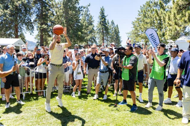 STATELINE, NV - JULY 09: Stephen Curry shoots a basketball walking to the 18th hole during the preview round of the American Century Championship on July 9, 2026 at Edgewood Tahoe Golf Course in Stateline, NV. (Photo by Matthew Huang Icon Sportswire) GOLF: JUL 09 American Century Championship EDITORIAL USE ONLY Icon260709065