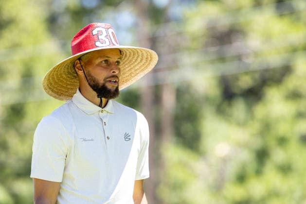 STATELINE, NV - JULY 09: Stephen Curry looks on wearing a sombrero on the 18th tee during the preview round of the American Century Championship on July 9, 2026 at Edgewood Tahoe Golf Course in Stateline, NV. (Photo by Matthew Huang Icon Sportswire) GOLF: JUL 09 American Century Championship EDITORIAL USE ONLY Icon260709067