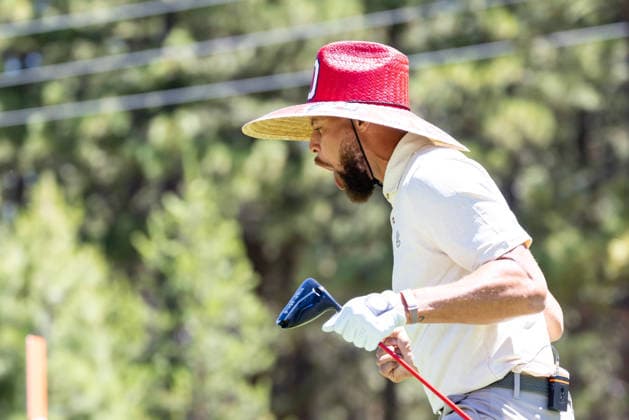 STATELINE, NV - JULY 09: Stephen Curry reacts to a tee shot wearing a sombrero on the 18th hole during the preview round of the American Century Championship on July 9, 2026 at Edgewood Tahoe Golf Course in Stateline, NV. (Photo by Matthew Huang Icon Sportswire) GOLF: JUL 09 American Century Championship EDITORIAL USE ONLY Icon260709069