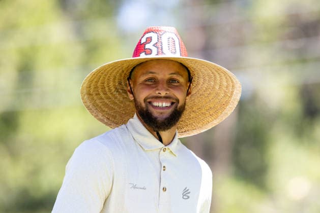 STATELINE, NV - JULY 09: Stephen Curry looks on wearing a sombrero on the 18th hole during the preview round of the American Century Championship on July 9, 2026 at Edgewood Tahoe Golf Course in Stateline, NV. (Photo by Matthew Huang Icon Sportswire) GOLF: JUL 09 American Century Championship EDITORIAL USE ONLY Icon260709070