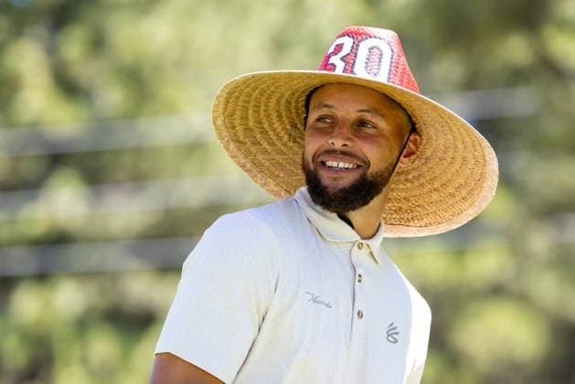 STATELINE, NV - JULY 09: Stephen Curry looks on wearing a sombrero on the 18th hole during the preview round of the American Century Championship on July 9, 2026 at Edgewood Tahoe Golf Course in Stateline, NV. (Photo by Matthew Huang Icon Sportswire) GOLF: JUL 09 American Century Championship EDITORIAL USE ONLY Icon260709071