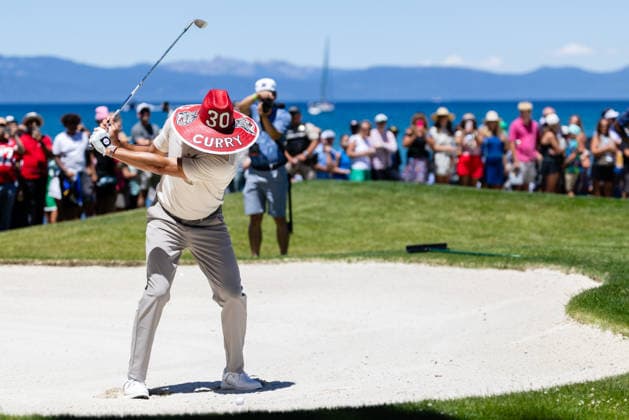 STATELINE, NV - JULY 09: Stephen Curry hits a bunker shot on the 18th hole wearing a sombrero during the preview round of the American Century Championship on July 9, 2026 at Edgewood Tahoe Golf Course in Stateline, NV. (Photo by Matthew Huang Icon Sportswire) GOLF: JUL 09 American Century Championship EDITORIAL USE ONLY Icon260709073