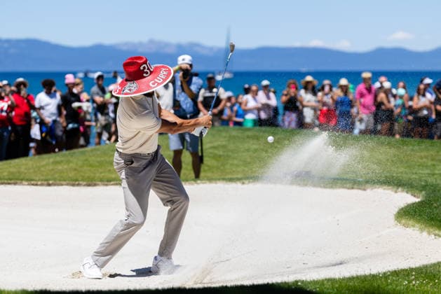 STATELINE, NV - JULY 09: Stephen Curry hits a bunker shot on the 18th hole wearing a sombrero during the preview round of the American Century Championship on July 9, 2026 at Edgewood Tahoe Golf Course in Stateline, NV. (Photo by Matthew Huang Icon Sportswire) GOLF: JUL 09 American Century Championship EDITORIAL USE ONLY Icon260709074