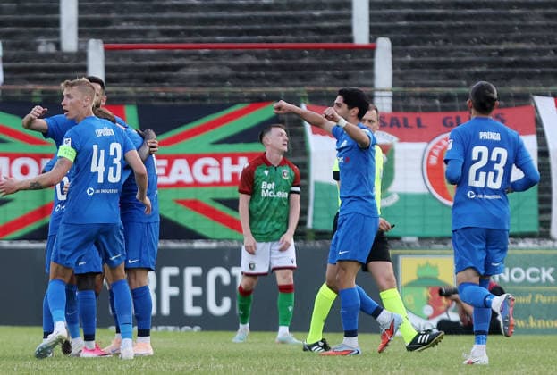 UEFA Europa Conference League First Qualifying Round First Leg, The Oval, Belfast 9 7 2026 Glentoran vs RFS RFS celebrate after scoring to make it 1-2 RFS celebrate after scoring to make it 1-2 9 7 2026  Copyright: xx 090726JP3football032