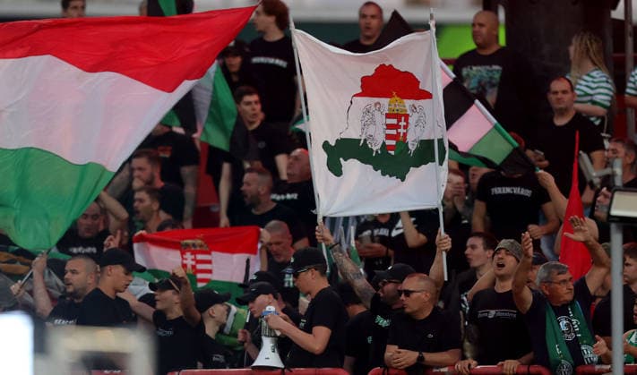 09.07.2026 Novi Sad(Serbia) FK Vojvodina-Ferencvarosi TC Europa League qualifiers men s football Ferencvarosi fans with big Hungary flag Navijaci Ferencvarosa sa zastavom velike Madjarske :
