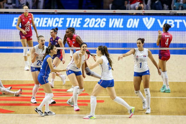 Serbia v France - Women s Volleyball Nations League BELGRADE, SERBIA - JULY 9: Players of Serbia celebrate after scoring during the 2026 FIVB Volleyball Women s Nations League match between the Serbia and France in Belgrade, Serbia, on July 9, 2026. Filip Stevanovic Anadolu Belgrade Serbia. Editorial use only. Please get in touch for any other usage.  Copyright: x2026xAnadoluxFilipxStevanovicx
