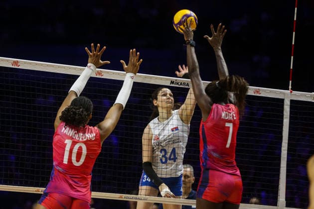 Serbia v France - Women s Volleyball Nations League BELGRADE, SERBIA - JULY 9: Iman Ndiaye (7) and Fatoumata Fanguedou (10) of France in action during the 2026 FIVB Volleyball Women s Nations League match between the Serbia and France in Belgrade, Serbia, on July 9, 2026. Filip Stevanovic Anadolu Belgrade Serbia. Editorial use only. Please get in touch for any other usage.  Copyright: x2026xAnadoluxFilipxStevanovicx