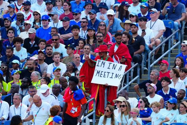 A fan in the stands holds a sign aloft France v Morocco, 2026 FIFA World Cup, WM, Weltmeisterschaft, Fussball Quarter-final, Football, Boston Stadium, Foxborough, Massachusetts, USA - - 09 Jul 2026Foxborough Boston Stadium Massachusetts (MA) United States of America  Copyright: xJavierxGarcia Shutterstockx 16984925al