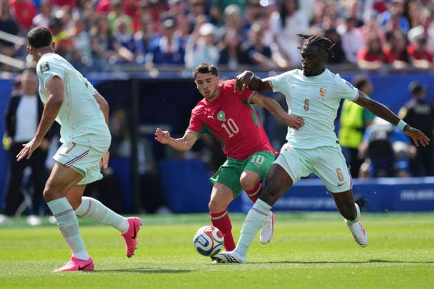 July 9, 2026, Foxborough, Massachusetts, United States: Brahim Diaz of Morocco and Manu Kone of France compete for the ball during the FIFA World Cup, WM, Weltmeisterschaft, Fussball 2026 Quarter Final match between France and Morocco at Boston Stadium on July 9, 2026 in Foxborough, Massachusetts. Foxborough United States - ZUMAa181 20260709_zaa_a181_013 Copyright: xJosexBretonx