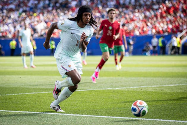 FOOTBALL : France vs Maroc Coupe du Monde de la FIFA 2026. Boston Stadium (Gillette Stadium), Foxborough, Massachusetts, Etats-Unis. 09 07 2026. Jules Kounde 5 (France)  Copyright: xelyxandroxcegarrax