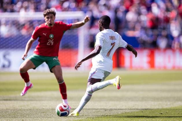 France v Morocco: Quarter Final - FIFA World Cup, WM, Weltmeisterschaft, Fussball 2026 FOXBOROUGH, MA - JULY 9: Ousmane Dembele 7 of France passes the ball during the FIFA World Cup 2026 Quarter Final match between France and Morocco at Boston Stadium on July 9, 2026 in Foxborough, USA. (Photo by Victor Monteiro PxImages) Foxborough Boston Stadium MA USA Copyright: xVictorxMonteirox