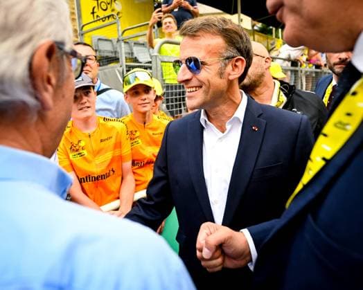 Tour de France 2026 Stage 6 GAVARNIE-CEDRE, FRANCE - JULY 09 : Macron Emmanuel president of France during stage 6 of the 113rd edition of Tour de France an UCI World Tour 2.UWT cycling road race stage for Men Elite of 186 km with start in Pau and finish in Gavarnie-Cedre on July 9, 2026 in Gavarnie-Cedre, France, 09 07 2026  Copyright: xTomasxSiskx