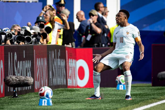 FOOTBALL : France vs Maroc Coupe du Monde de la FIFA 2026. Boston Stadium (Gillette Stadium), Foxborough, Massachusetts, Etats-Unis. 09 07 2026. Joie des joueurs de l equipe de France apres le but de Kylian Mbappe 10 (France)  Copyright: xelyxandroxcegarrax