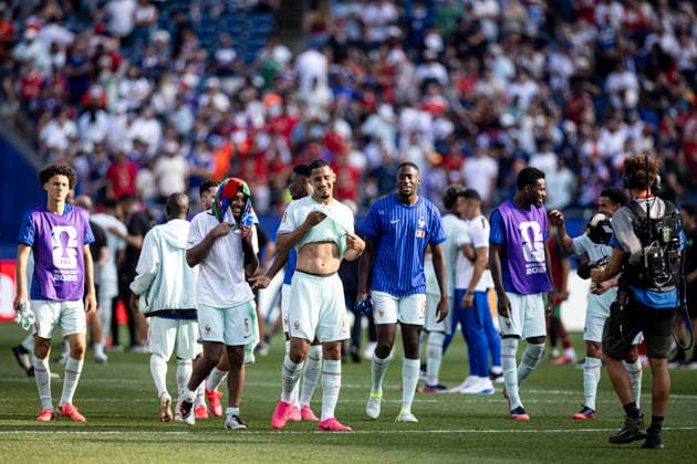 FOOTBALL : France vs Maroc Coupe du Monde de la FIFA 2026. Boston Stadium (Gillette Stadium), Foxborough, Massachusetts, Etats-Unis. 09 07 2026. CÃ lÃ bration de l Ã quipe de France apres avoir remportÃ la victoire.  Copyright: xelyxandroxcegarrax