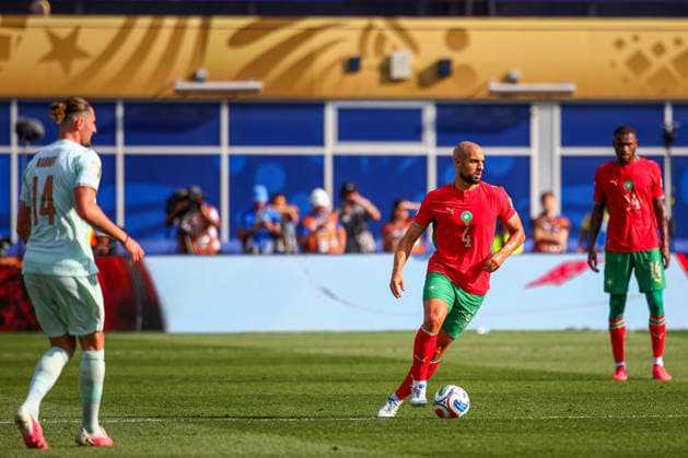 July 9, 2026, Foxborough, Massachusetts, USA: SOFYAN AMRABAT of Morocco dribbles the ball during the 2026 FIFA World Cup, WM, Weltmeisterschaft, Fussball quarterfinal match at Boston Stadium in Massachusetts on July 9, 2026. Foxborough USA - ZUMAm283 20260709_zsp_m283_049 Copyright: xBillyxMyersx
