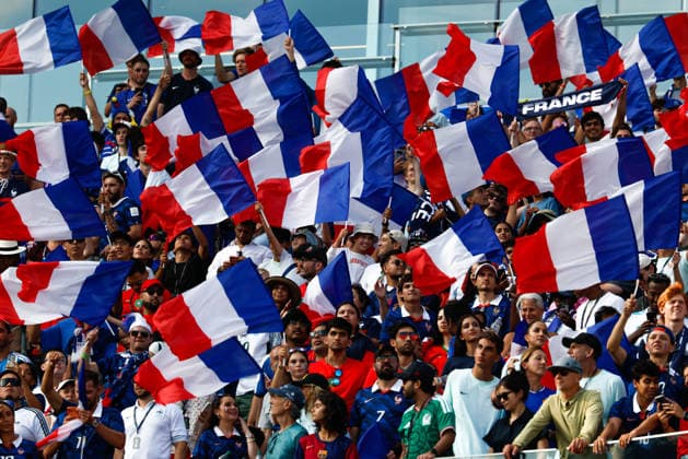 July 9, 2026; Foxborough, Massachusetts, USA; France supporters wave the French flag after a quarterfinal match of the FIFA World Cup, WM, Weltmeisterschaft, Fussball 2026 between France and Morocco at Boston Stadium. (c) CSM - ZUMAc04_ 20260709_zma_c04_062 Copyright: xBurtxGranofskyx
