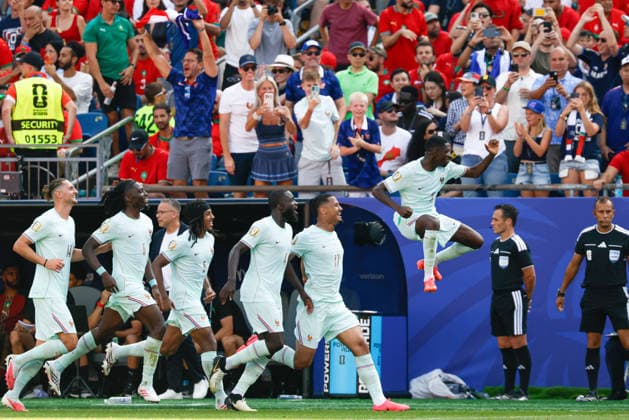 July 9, 2026; Foxborough, Massachusetts, USA; France forward Ousmane Dembele (7) jumps for joy after scoring a goal in a quarterfinal match of the FIFA World Cup, WM, Weltmeisterschaft, Fussball 2026 between France and Morocco at Boston Stadium. (c) CSM - ZUMAc04_ 20260709_zma_c04_068 Copyright: xBurtxGranofskyx