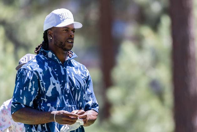 STATELINE, NV - JULY 09: Davante Adams looks on on the seventh tee during the preview round of the American Century Championship on July 9, 2026 at Edgewood Tahoe Golf Course in Stateline, NV. (Photo by Matthew Huang Icon Sportswire) GOLF: JUL 09 American Century Championship EDITORIAL USE ONLY Icon260709078