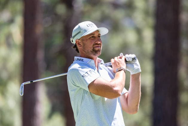 STATELINE, NV - JULY 09: Adam Thielen tees off on the seventh hole during the preview round of the American Century Championship on July 9, 2026 at Edgewood Tahoe Golf Course in Stateline, NV. (Photo by Matthew Huang Icon Sportswire) GOLF: JUL 09 American Century Championship EDITORIAL USE ONLY Icon260709080