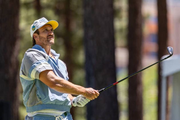 STATELINE, NV - JULY 09: Kyle Juszcyk tees off on the seventh hole during the preview round of the American Century Championship on July 9, 2026 at Edgewood Tahoe Golf Course in Stateline, NV. (Photo by Matthew Huang Icon Sportswire) GOLF: JUL 09 American Century Championship EDITORIAL USE ONLY Icon260709084