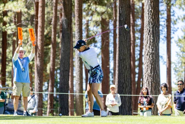 STATELINE, NV - JULY 09: Annika Sorenstam tees off on the second hole during the preview round of the American Century Championship on July 9, 2026 at Edgewood Tahoe Golf Course in Stateline, NV. (Photo by Matthew Huang Icon Sportswire) GOLF: JUL 09 American Century Championship EDITORIAL USE ONLY Icon260709085