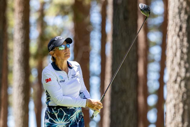 STATELINE, NV - JULY 09: Annika Sorenstam tees off on the second hole during the preview round of the American Century Championship on July 9, 2026 at Edgewood Tahoe Golf Course in Stateline, NV. (Photo by Matthew Huang Icon Sportswire) GOLF: JUL 09 American Century Championship EDITORIAL USE ONLY Icon260709086