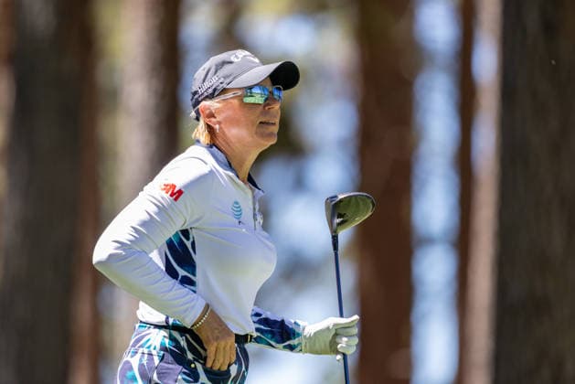 STATELINE, NV - JULY 09: Annika Sorenstam tees off on the second hole during the preview round of the American Century Championship on July 9, 2026 at Edgewood Tahoe Golf Course in Stateline, NV. (Photo by Matthew Huang Icon Sportswire) GOLF: JUL 09 American Century Championship EDITORIAL USE ONLY Icon260709087