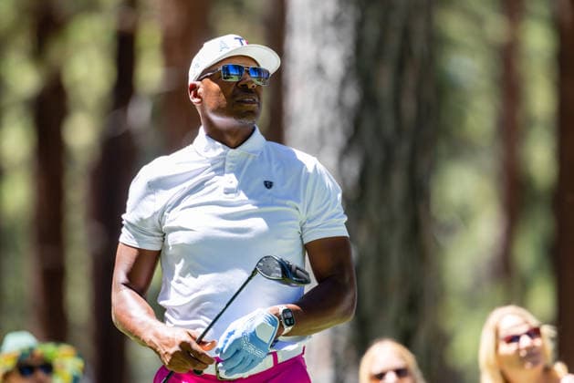 STATELINE, NV - JULY 09: Ray Allen watches his tee shot on the second hole during the preview round of the American Century Championship on July 9, 2026 at Edgewood Tahoe Golf Course in Stateline, NV. (Photo by Matthew Huang Icon Sportswire) GOLF: JUL 09 American Century Championship EDITORIAL USE ONLY Icon260709090