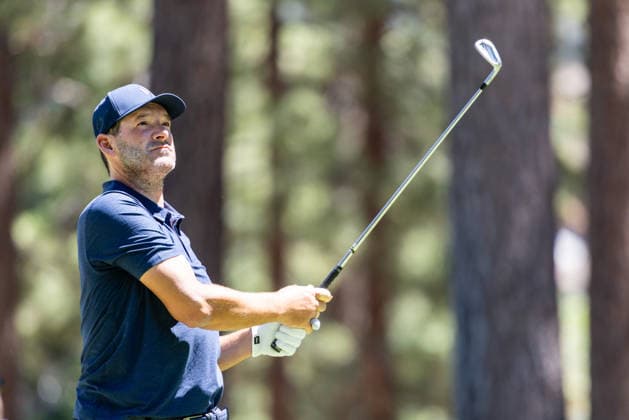 STATELINE, NV - JULY 09: Tony Romo watches his tee shot on the seventh hole during the preview round of the American Century Championship on July 9, 2026 at Edgewood Tahoe Golf Course in Stateline, NV. (Photo by Matthew Huang Icon Sportswire) GOLF: JUL 09 American Century Championship EDITORIAL USE ONLY Icon260709092