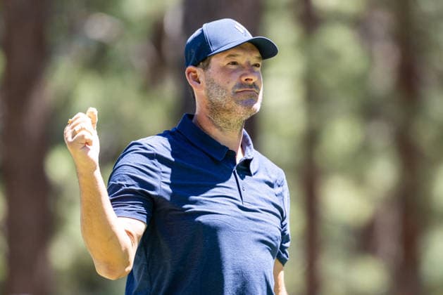STATELINE, NV - JULY 09: Tony Romo reacts to his tee shot on the seventh hole during the preview round of the American Century Championship on July 9, 2026 at Edgewood Tahoe Golf Course in Stateline, NV. (Photo by Matthew Huang Icon Sportswire) GOLF: JUL 09 American Century Championship EDITORIAL USE ONLY Icon260709093