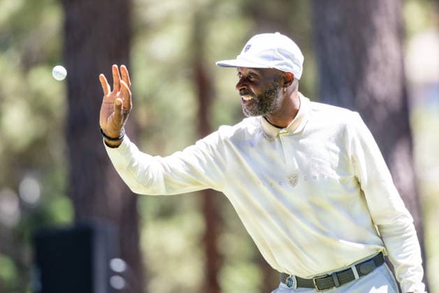 STATELINE, NV - JULY 09: Jerry Rice catches a ball on the seventh tee during the preview round of the American Century Championship on July 9, 2026 at Edgewood Tahoe Golf Course in Stateline, NV. (Photo by Matthew Huang Icon Sportswire) GOLF: JUL 09 American Century Championship EDITORIAL USE ONLY Icon260709095