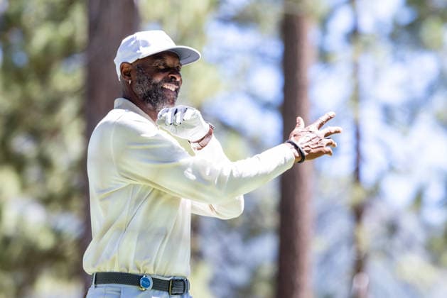 STATELINE, NV - JULY 09: Jerry Rice reacts to his tee shot on the seventh hole during the preview round of the American Century Championship on July 9, 2026 at Edgewood Tahoe Golf Course in Stateline, NV. (Photo by Matthew Huang Icon Sportswire) GOLF: JUL 09 American Century Championship EDITORIAL USE ONLY Icon260709096